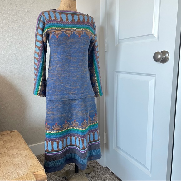 Vintage Dresses & Skirts - Vintage melansedress sweater skirt set blue brown crown